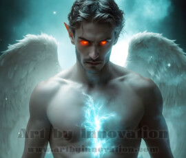 Stunning AI-generated male angel art — handsome heavenly warriors with enormous shimmering wings descending from the celestial realm. Heaven's Warriors Collection by Jeff Dupler.