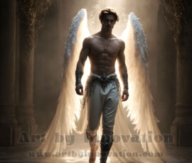 Stunning AI-generated male angel art — handsome heavenly warriors with enormous shimmering wings descending from the celestial realm. Heaven's Warriors Collection by Jeff Dupler.