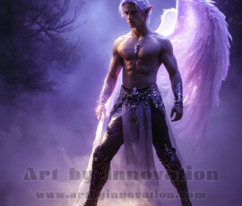 Stunning AI-generated male angel art — handsome heavenly warriors with enormous shimmering wings descending from the celestial realm. Heaven's Warriors Collection by Jeff Dupler.