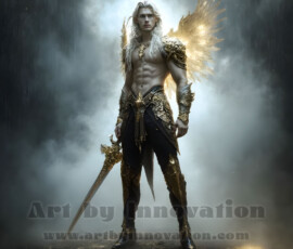Stunning AI-generated male angel art — handsome heavenly warriors with enormous shimmering wings descending from the celestial realm. Heaven's Warriors Collection by Jeff Dupler.