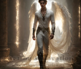 Stunning AI-generated male angel art — handsome heavenly warriors with enormous shimmering wings descending from the celestial realm. Heaven's Warriors Collection by Jeff Dupler.