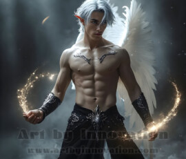 Stunning AI-generated male angel art — handsome heavenly warriors with enormous shimmering wings descending from the celestial realm. Heaven's Warriors Collection by Jeff Dupler.