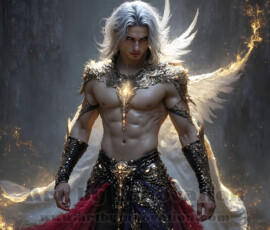 Stunning AI-generated male angel art — handsome heavenly warriors with enormous shimmering wings descending from the celestial realm. Heaven's Warriors Collection by Jeff Dupler.