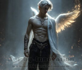 Stunning AI-generated male angel art — handsome heavenly warriors with enormous shimmering wings descending from the celestial realm. Heaven's Warriors Collection by Jeff Dupler.