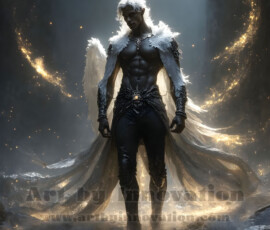 Stunning AI-generated male angel art — handsome heavenly warriors with enormous shimmering wings descending from the celestial realm. Heaven's Warriors Collection by Jeff Dupler.