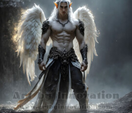 Stunning AI-generated male angel art — handsome heavenly warriors with enormous shimmering wings descending from the celestial realm. Heaven's Warriors Collection by Jeff Dupler.