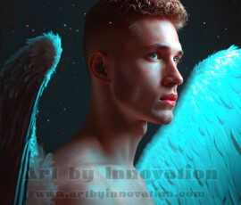Stunning AI-generated male angel art — handsome heavenly warriors with enormous shimmering wings descending from the celestial realm. Heaven's Warriors Collection by Jeff Dupler.