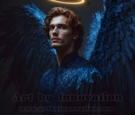 Stunning AI-generated male angel art — handsome heavenly warriors with enormous shimmering wings descending from the celestial realm. Heaven's Warriors Collection by Jeff Dupler.