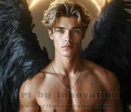 Stunning AI-generated male angel art — handsome heavenly warriors with enormous shimmering wings descending from the celestial realm. Heaven's Warriors Collection by Jeff Dupler.
