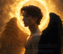 Stunning AI-generated male angel art — handsome heavenly warriors with enormous shimmering wings descending from the celestial realm. Heaven's Warriors Collection by Jeff Dupler.