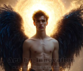 Stunning AI-generated male angel art — handsome heavenly warriors with enormous shimmering wings descending from the celestial realm. Heaven's Warriors Collection by Jeff Dupler.