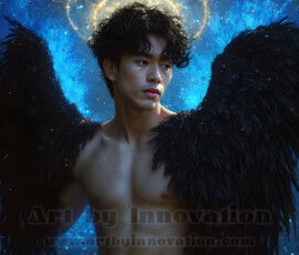 Stunning AI-generated male angel art — handsome heavenly warriors with enormous shimmering wings descending from the celestial realm. Heaven's Warriors Collection by Jeff Dupler.