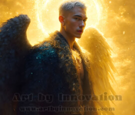 Stunning AI-generated male angel art — handsome heavenly warriors with enormous shimmering wings descending from the celestial realm. Heaven's Warriors Collection by Jeff Dupler.