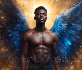 Stunning AI-generated male angel art — handsome heavenly warriors with enormous shimmering wings descending from the celestial realm. Heaven's Warriors Collection by Jeff Dupler.