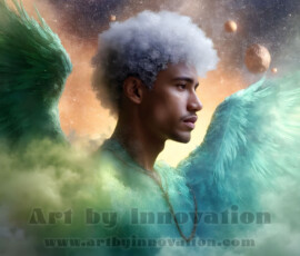 Stunning AI-generated male angel art — handsome heavenly warriors with enormous shimmering wings descending from the celestial realm. Heaven's Warriors Collection by Jeff Dupler.