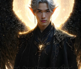 Stunning AI-generated male angel art — handsome heavenly warriors with enormous shimmering wings descending from the celestial realm. Heaven's Warriors Collection by Jeff Dupler.