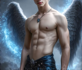 Stunning AI-generated male angel art — handsome heavenly warriors with enormous shimmering wings descending from the celestial realm. Heaven's Warriors Collection by Jeff Dupler.