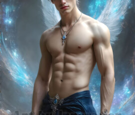 Stunning AI-generated male angel art — handsome heavenly warriors with enormous shimmering wings descending from the celestial realm. Heaven's Warriors Collection by Jeff Dupler.