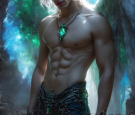 Stunning AI-generated male angel art — handsome heavenly warriors with enormous shimmering wings descending from the celestial realm. Heaven's Warriors Collection by Jeff Dupler.
