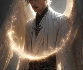 Stunning AI-generated male angel art — handsome heavenly warriors with enormous shimmering wings descending from the celestial realm. Heaven's Warriors Collection by Jeff Dupler.