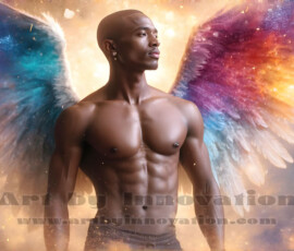 Stunning AI-generated male angel art — handsome heavenly warriors with enormous shimmering wings descending from the celestial realm. Heaven's Warriors Collection by Jeff Dupler.
