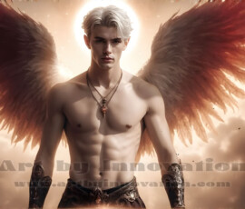 Stunning AI-generated male angel art — handsome heavenly warriors with enormous shimmering wings descending from the celestial realm. Heaven's Warriors Collection by Jeff Dupler.