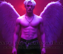 Stunning AI-generated male angel art — handsome heavenly warriors with enormous shimmering wings descending from the celestial realm. Heaven's Warriors Collection by Jeff Dupler.
