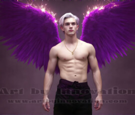 Stunning AI-generated male angel art — handsome heavenly warriors with enormous shimmering wings descending from the celestial realm. Heaven's Warriors Collection by Jeff Dupler.