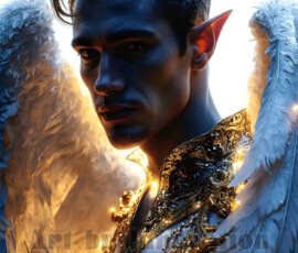 Stunning AI-generated male angel art — handsome heavenly warriors with enormous shimmering wings descending from the celestial realm. Heaven's Warriors Collection by Jeff Dupler.