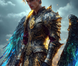 Stunning AI-generated male angel art — handsome heavenly warriors with enormous shimmering wings descending from the celestial realm. Heaven's Warriors Collection by Jeff Dupler.