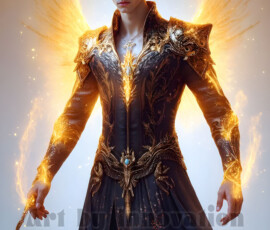 Stunning AI-generated male angel art — handsome heavenly warriors with enormous shimmering wings descending from the celestial realm. Heaven's Warriors Collection by Jeff Dupler.