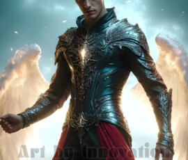 Stunning AI-generated male angel art — handsome heavenly warriors with enormous shimmering wings descending from the celestial realm. Heaven's Warriors Collection by Jeff Dupler.