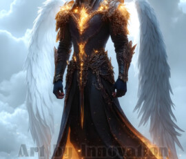 Stunning AI-generated male angel art — handsome heavenly warriors with enormous shimmering wings descending from the celestial realm. Heaven's Warriors Collection by Jeff Dupler.