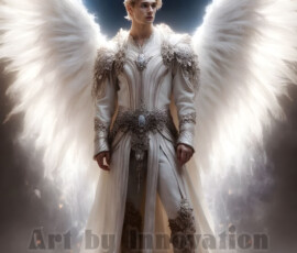Stunning AI-generated male angel art — handsome heavenly warriors with enormous shimmering wings descending from the celestial realm. Heaven's Warriors Collection by Jeff Dupler.