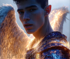 Stunning AI-generated male angel art — handsome heavenly warriors with enormous shimmering wings descending from the celestial realm. Heaven's Warriors Collection by Jeff Dupler.