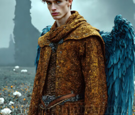 Stunning AI-generated male angel art — handsome heavenly warriors with enormous shimmering wings descending from the celestial realm. Heaven's Warriors Collection by Jeff Dupler.