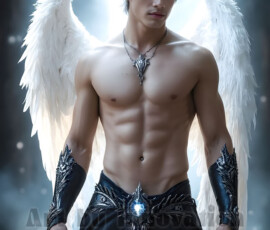 Stunning AI-generated male angel art — handsome heavenly warriors with enormous shimmering wings descending from the celestial realm. Heaven's Warriors Collection by Jeff Dupler.
