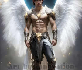 Stunning AI-generated male angel art — handsome heavenly warriors with enormous shimmering wings descending from the celestial realm. Heaven's Warriors Collection by Jeff Dupler.