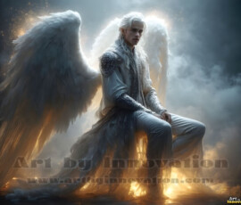 Stunning AI-generated male angel art — handsome heavenly warriors with enormous shimmering wings descending from the celestial realm. Heaven's Warriors Collection by Jeff Dupler.