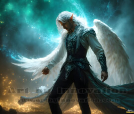 Stunning AI-generated male angel art — handsome heavenly warriors with enormous shimmering wings descending from the celestial realm. Heaven's Warriors Collection by Jeff Dupler.
