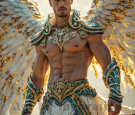 Stunning AI-generated male angel art — handsome heavenly warriors with enormous shimmering wings descending from the celestial realm. Heaven's Warriors Collection by Jeff Dupler.