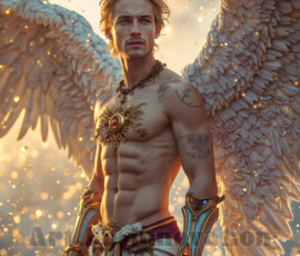 Stunning AI-generated male angel art — handsome heavenly warriors with enormous shimmering wings descending from the celestial realm. Heaven's Warriors Collection by Jeff Dupler.