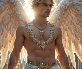 Stunning AI-generated male angel art — handsome heavenly warriors with enormous shimmering wings descending from the celestial realm. Heaven's Warriors Collection by Jeff Dupler.