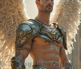 Stunning AI-generated male angel art — handsome heavenly warriors with enormous shimmering wings descending from the celestial realm. Heaven's Warriors Collection by Jeff Dupler.