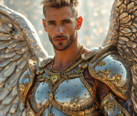 Stunning AI-generated male angel art — handsome heavenly warriors with enormous shimmering wings descending from the celestial realm. Heaven's Warriors Collection by Jeff Dupler.
