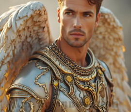 Stunning AI-generated male angel art — handsome heavenly warriors with enormous shimmering wings descending from the celestial realm. Heaven's Warriors Collection by Jeff Dupler.