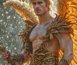 Stunning AI-generated male angel art — handsome heavenly warriors with enormous shimmering wings descending from the celestial realm. Heaven's Warriors Collection by Jeff Dupler.