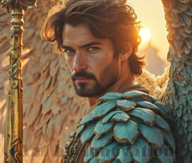 Stunning AI-generated male angel art — handsome heavenly warriors with enormous shimmering wings descending from the celestial realm. Heaven's Warriors Collection by Jeff Dupler.