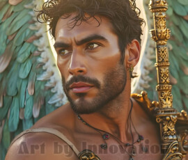 Stunning AI-generated male angel art — handsome heavenly warriors with enormous shimmering wings descending from the celestial realm. Heaven's Warriors Collection by Jeff Dupler.