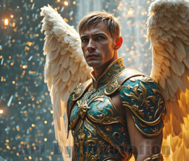 Stunning AI-generated male angel art — handsome heavenly warriors with enormous shimmering wings descending from the celestial realm. Heaven's Warriors Collection by Jeff Dupler.